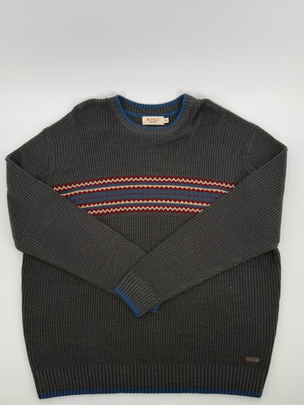 PG Field Men's Charcoal Crewneck Sweater with Fair Isle Stripe